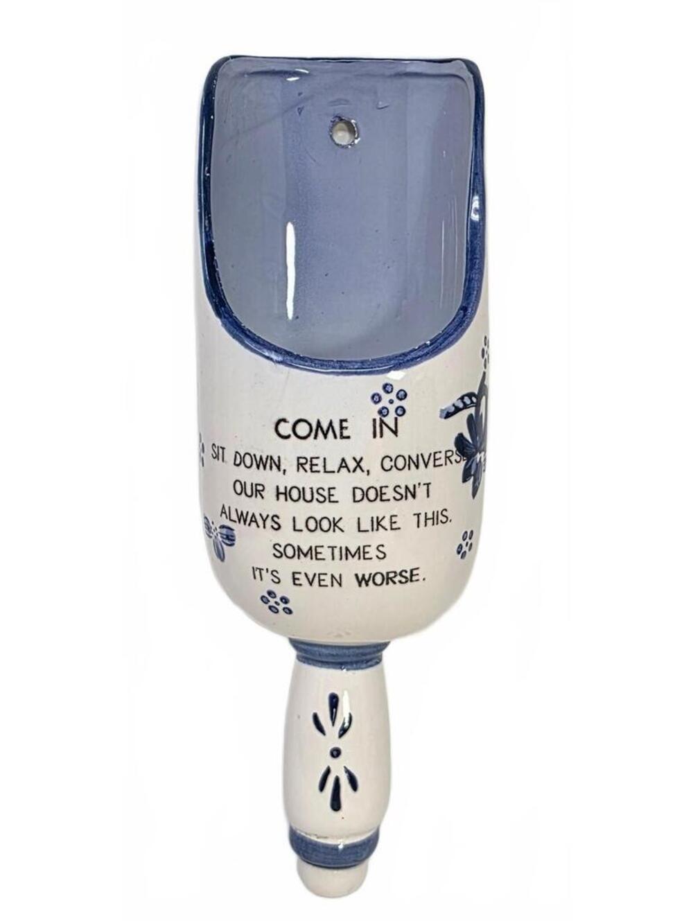 Vintage Ceramic Scoop Wall Pocket Planter Blue White Funny House Quote